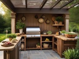 French Country outdoor kitchen highlights rustic wooden cabinetry, charming decor, and vibrant herbs, creating a quaint and inviting atmosphere for outdoor meals.  