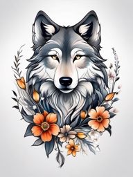 Wolf and Flower Tattoo,harmonious fusion of a wolf and delicate flowers, symbolizing both strength and beauty. , color tattoo design, white clean background