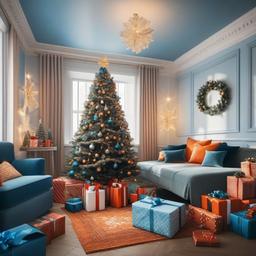 Room with christmas decorations and a christmas tree and presents in the center and text saying merry christmas and blue and orange colors mostly 