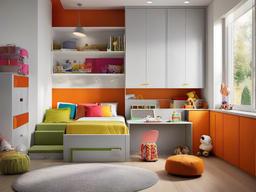 In the kids' room, urban modern interior design showcases playful yet minimalist furniture, vibrant accents, and functional storage that inspire creativity and imaginative play.  