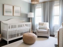 The nursery features Hampton interior design with soft colors, natural materials, and playful decor that creates a warm and inviting space for the baby.  