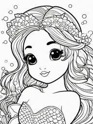 Kawaii Mermaid Coloring Pages - Charming Mermaids with Shiny Tails  minimal black outline printable sheet, coloring page