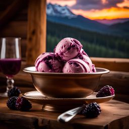 black raspberry swirl ice cream savored by a roaring fireplace in a rustic cabin. 