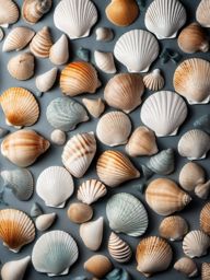 Seashell-patterned porcelain tiles with a luminous, underwater look top view, product photoshoot realistic background, hyper detail, high resolution