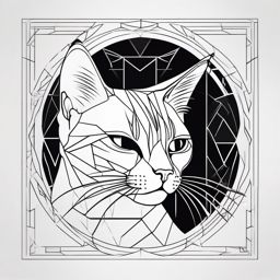 Fusion of feline and art with a cat silhouette in geometric patterns: A modern tattoo twist.  black white outline tattoo, white background