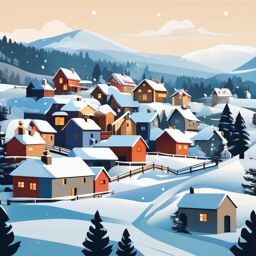 Snowy Village Scene clipart - Snow-covered village nestled in hills, ,vector color clipart,minimal