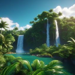 Tropical Island Landscape - A tropical island landscape with lush vegetation and a waterfall  8k, hyper realistic, cinematic