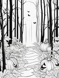 Pumpkin in a Haunted Forest Coloring Pages - Lost Pumpkin in a Dark Forest  minimal black outline printable sheet, coloring page