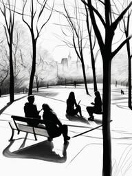 drawing of friends in a park  minimal rough sketch scribbles,doodles,black and white