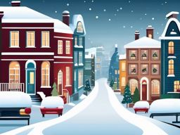 Winter Street Scene clipart - Residential street covered in fresh snow, ,vector color clipart,minimal