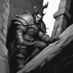 half-orc fighter,grommash blackthorn,scaling a towering fortress wall,under cover of darkness pencil style