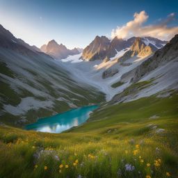 secrets of the ecrins national park - create an artwork that unveils the secrets of ecrins national park, with glaciers, alpine lakes, and wildflower meadows. 