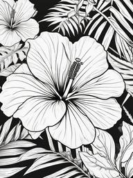 Hibiscus coloring page sheet - A vibrant hibiscus flower in bloom against tropical foliage.  black outline printable coloring page