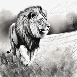 drawing of a lion in autumn landscape  minimal rough sketch scribbles,doodles,black and white