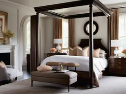 In the bedroom, traditional interior design showcases a four-poster bed, plush textiles, and coordinated decor that transform the space into a sophisticated retreat for rest.  