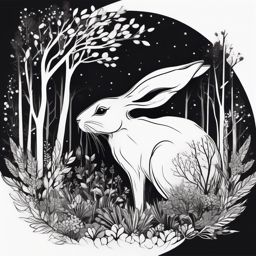 Black rabbit in the enchanted forest ink. Magical wilderness.  minimalist black white tattoo style