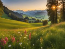 allgäu meadow bliss - create an artwork depicting the serene beauty of untouched meadows in the allgäu region, complete with wildflowers. 