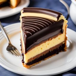 a slice of classic boston cream pie, with layers of sponge cake, pastry cream, and chocolate glaze. 