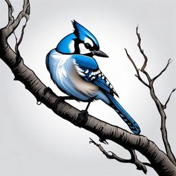 Blue Jay Tattoo - Blue Jay perched on a tree branch  color tattoo design, clean white background