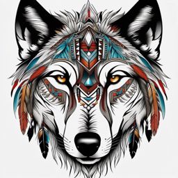 Native American Wolf Tattoo,tattoo inspired by the deep connection between Native American culture and the wolf. , color tattoo design, white clean background