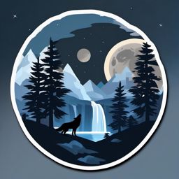 Moonlit Waterfall and Wolves Emoji Sticker - Ethereal cascade in the nocturnal wilderness, , sticker vector art, minimalist design