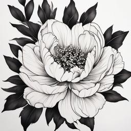 Japanese Black Peony Tattoo - Black ink Japanese peony tattoo.  simple color tattoo,white background,minimal