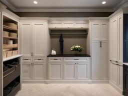 Neoclassical laundry room features simple cabinetry, decorative moldings, and classic finishes that create an elegant and timeless laundry space.  