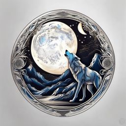 Wolf in the Moon Tattoo,moon, a realm for the wolf, depicted in an intricate tattoo. , color tattoo design, white clean background