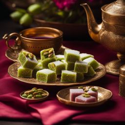 turkish delight with pistachios, a sweet confection, relished at a serene tea ceremony in istanbul. 