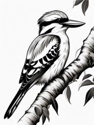 Kookaburra Tattoo - Kookaburra perched on a eucalyptus branch  few color tattoo design, simple line art, design clean white background