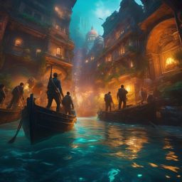 Group of adventurers searches for legendary city hidden beneath the ocean. hyperrealistic, intricately detailed, color depth,splash art, concept art, mid shot, sharp focus, dramatic, 2/3 face angle, side light, colorful background