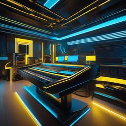 a close-up of a recording studio,.
Bright and bold color scheme with neon blue, cyan and yellow.  Best quality. Futuristic architecture. Electronic dance music-inspired patterns. Tron-like neon lights. Glossy metallic surfaces by Ralph McQuarrie