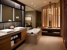 A master bathroom with Japanese Zen interior design incorporates natural wood accents, smooth stones, and soft lighting that creates a spa-like atmosphere for relaxation and rejuvenation.  