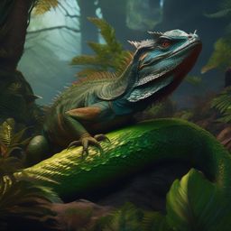 Basilisk Lizard Slumbering with a Reptilian Druid detailed matte painting, deep color, fantastical, intricate detail, splash screen, complementary colors, fantasy concept art, 8k resolution trending on artstation unreal engine 5