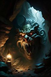 gorgon, the petrifying monster, turning intruders to stone in a dimly lit cavern. 