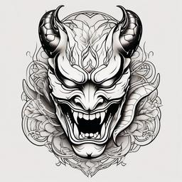 Snake Hannya Mask Tattoo - Features the expressive Hannya mask alongside a snake motif in tattoo art.  simple color tattoo,white background,minimal