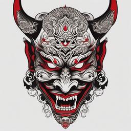 japanese tattoo demon mask  simple color tattoo,white background,minimal