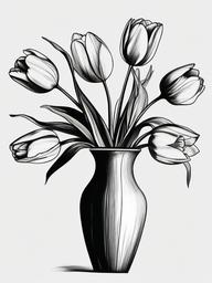 drawing of tulips with a vase  minimal rough sketch scribbles,doodles,black and white