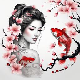 Cherry Blossom & Koi Tattoo - Fusion of life’s beauty and resilience  minimal tattoo design,white background