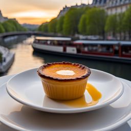 french crème brûlée, relished at an upscale restaurant with a view of the seine river. 