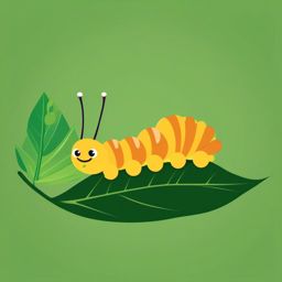 Caterpillar Munching Leaf Clip Art - Caterpillar munching on a green leaf,  color vector clipart, minimal style