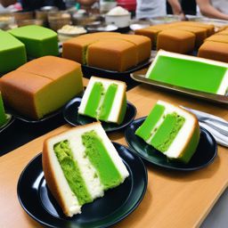 pandan chiffon cake, southeast asian green cake, devoured at a bustling food market in singapore. 