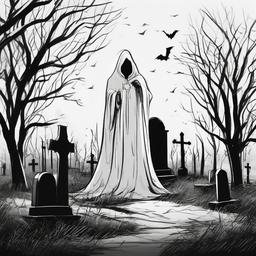 drawing of a ghost in a cemetery  minimal rough sketch scribbles,doodles,black and white