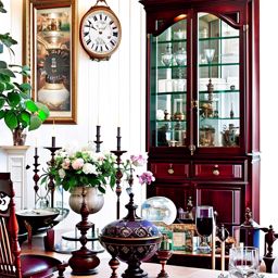 time traveler's dining room with antique hourglasses and time-bending artwork. 