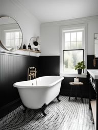 classic black and white bathroom with subway tile and a clawfoot tub. 