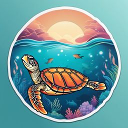 Sea Turtle Dream Sticker - A dreamy illustration of a sea turtle swimming in a fantasy ocean, ,vector color sticker art,minimal