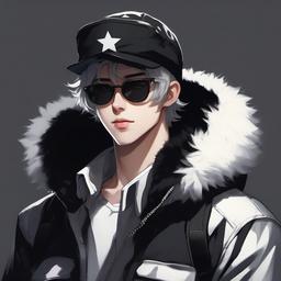 Young male who has pale skin with white fluffy hair wearing an black and white ushanka and wearing black star glasses and he wears a black shirt and black cargo pants   front facing ,centered portrait shot, cute anime color style, pfp, full face visible