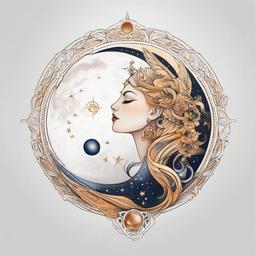 Creative Moonchild Cancer Zodiac Tattoo-Creative and artistic tattoo inspired by the zodiac sign Cancer, capturing lunar and celestial elements.  simple color tattoo,white background