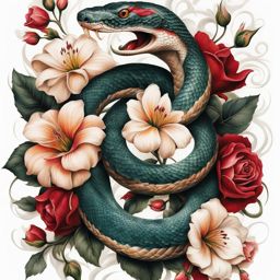 Flower and snake tattoo, Tattoos that blend the grace of flowers with the symbolism of snakes. colors, tattoo patterns, clean white background