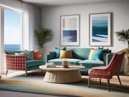 Contemporary Coastal Comfort - Design a contemporary coastal living room with sea views. , living room decor ideas, multicoloured, photo realistic, hyper detail, high resolution,